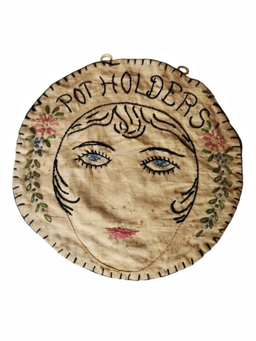 Vintage 1940s Embroidered Pot Holder Keeper Folk Art Woman Face Kitchen Textile
